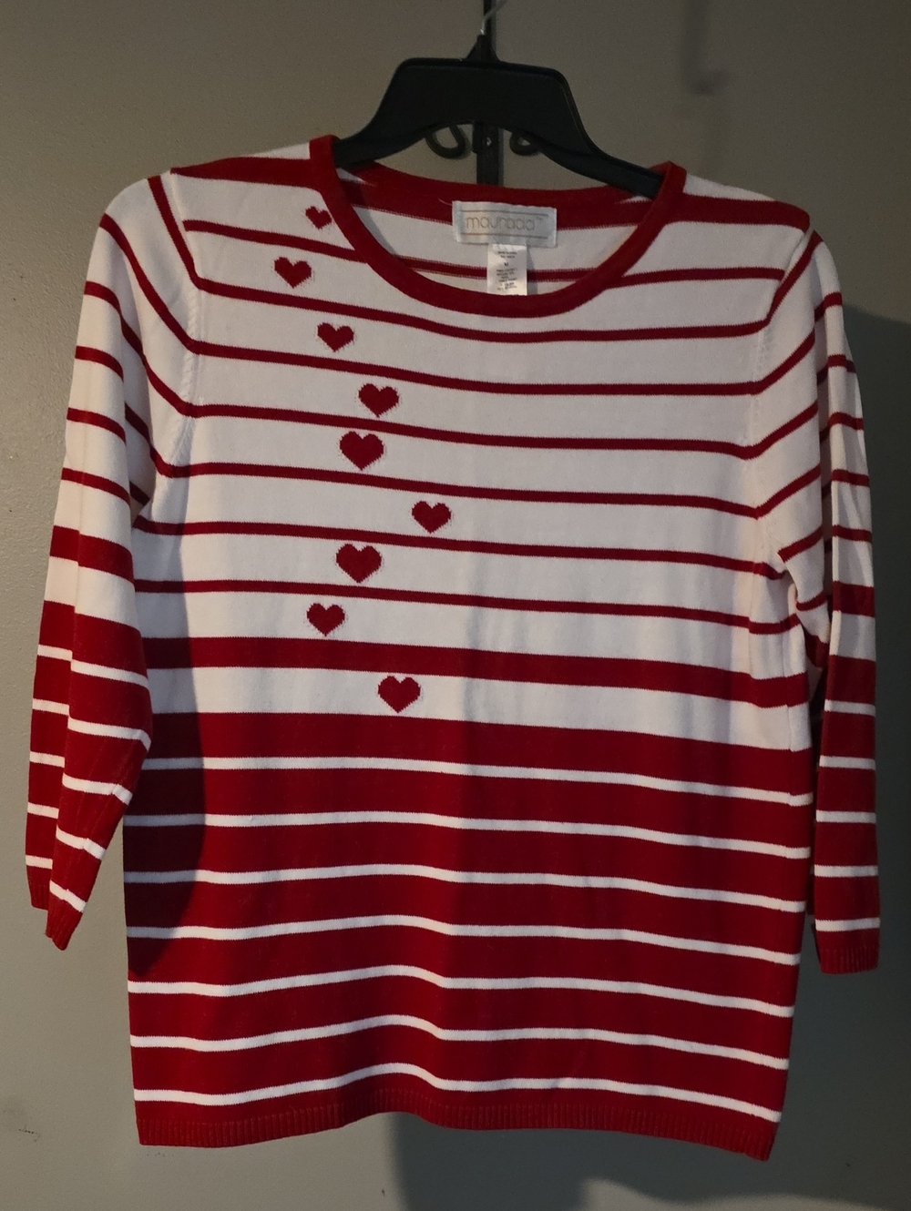 Maurada Red & White Heart Stripe Crewneck Sweater Size M